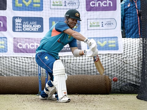 Australia's David Warner bats during a practice session ahead of the fourth Test at Emirates Old Trafford, Manchester, on Tuesday.