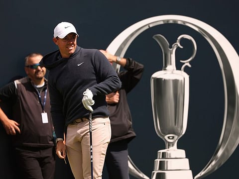 Northern Ireland's Rory McIlroy looks down the fairway after his tee shot off the 1st hole during a practice round for the British Open Golf Championships at the Royal Liverpool Golf Club in Hoylake on Monday.