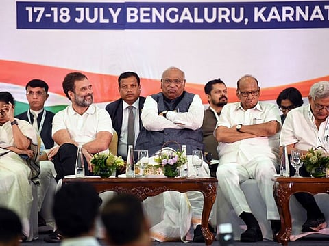 Congress President Mallikarjun Kharge, party leader Rahul Gandhi, West Bengal CM Mamata Banerjee, NCP chief Sharad Pawar and CPI(M) leader Sitaram Yechury address the media after the Opposition parties meet, in Bengaluru on Tuesday, July 18, 2023.
