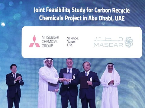 (From left) Masdar’s CEO, Mohamed Jameel Al Ramahi, Mitsubishi Chemical Group’s CEO, Jean-Marc Gilson and INPEX President & CEO Takayuki Ueda.