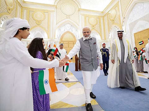 Narendra Modi, Prime Minister of India, interacts with children during his recent visit to the UAE. President His Highness Sheikh Mohamed bin Zayed Al Nahyan received the Indian Prime Minister at the Qasr Al Watan Presidential Palace
