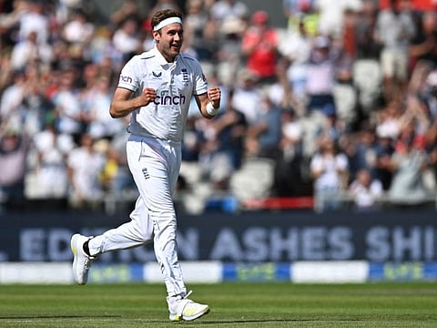England's Stuart Broad celebrates after taking his 600th wicket on the opening day of the fourth Ashes Test against Australia at Old Trafford ground in Manchester on Wednesday.