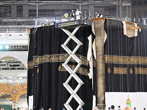 The Kiswa, as the fabric covering the Kaaba is called in Arabic, is made from raw silk, with 120 kilograms of gold wires and 100 kilograms of silver wires woven into it.