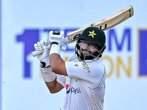 Pakistan's Imam-ul-Haq plays a shot during the fifth and final day play of the first cricket Test match between Sri Lanka and Pakistan at the Galle International Cricket Stadium in Galle on July 20, 2023.
