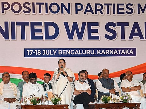 Chief Minister of Karnataka Siddaramaiah, Chief Minister of Jharkhand Hemant Soren, Chief Minister of West Bengal Mamata Banerjee, Congress party leader Rahul Gandhi, President of Indian National Congress Mallikarjun Kharge, senior NCP leader Sharad Pawar attend the opposition parties meeting in Bengaluru on July 18, 2023