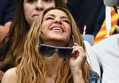 Colombian singer Shakira watches Spain's Carlos Alcaraz playing Russia's Daniil Medvedev during their men's singles semi-finals tennis match on the twelfth day of the 2023 Wimbledon Championships on July 14, 2023.