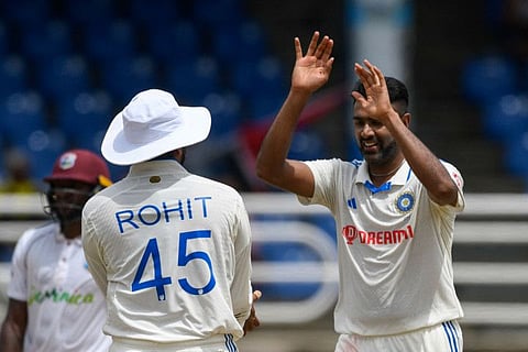 Ravichandran Ashwin of India celebrates the dismissal of Kraigg Brathwaite of West Indies during the third day of the second Test match at Queen's Park Oval in Port of Spain on Saturday.