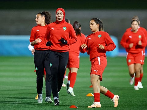 Morocco's Nouhaila Benzina with teammates during a training session at the Lakeside Stadium in Melbourne, Australia on Sunday.