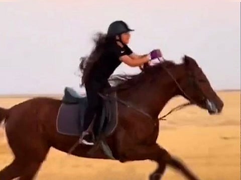 The young Iraqi horse rider on one of the horses gifted to her by His Highness Sheikh Mohammed bin Rashid Al Maktoum, Vice President and Prime Minister of the UAE and Ruler of Dubai.