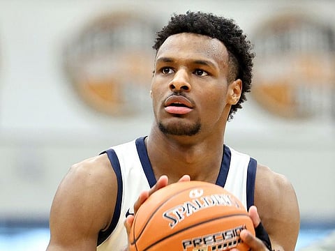Sierra Canyon's Bronny James warms up at halftime during a high school basketball game against Christopher Columbus at the Hoophall Classic, Monday, January 16, 2023.