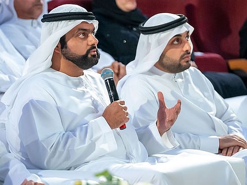 Sheikh Mohammed bin Hamad bin Mohammed Al Sharqi, Crown Prince of Fujairah (L), on Tuesday interacts with Sultan Al Neyadi during  “Call from Space” event