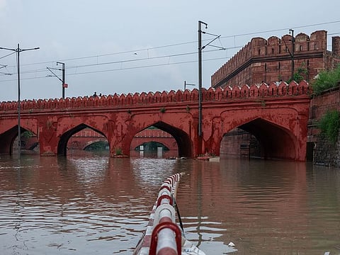 Roads inundated with flood waters near Red Fort in Delhi, India. Last week the Yamuna river spilled onto roads surrounding Delhi’s historic Red Fort, reclaiming its ancient flowpath as India’s capital was hit by severe flooding