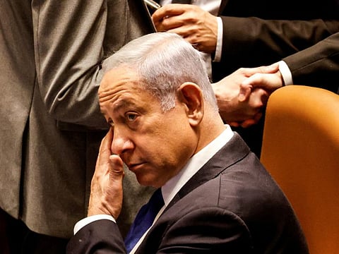 Israeli Prime Minister Banjamin Netanyahu looks on as Israeli lawmakers vote on a bill that would limit some Supreme Court power, in the Knesset plenum in Jerusalem July 24, 2023.