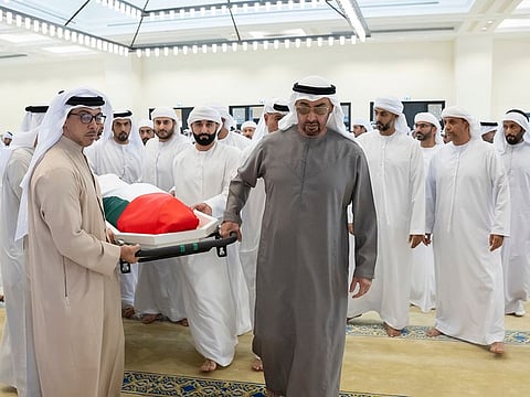 President His Highness Sheikh Mohamed bin Zayed Al Nahyan (right), and Sheikh Mansour bin Zayed Al Nahyan, UAE Vice President (left), attend funeral prayers for the late Sheikh Saeed bin Zayed Al Nahyan, Abu Dhabi Ruler's Representative, at Sheikh Sultan bin Zayed The First mosque.