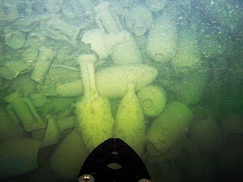 A view of amphorae found by Carabinieri Command for the Protection of Cultural Heritage in a wreck of an ancient Roman cargo ship at the bottom of the sea in Civitavecchia, near Rome, Italy, July 25, 2023.