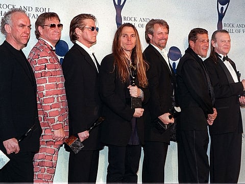 File photo: The Eagles (from left:) Bernie Leadon, Joe Walsh, Don Henley, Timothy Schmit, Don Felder, and Randy Meisner appear together after receiving their awards and being inducted into the Rock & Roll Hall of Fame, on January 12, 1998 in New York.