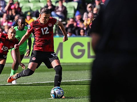 Canada's forward Christine Sinclair misses a penalty kick during the Australia and New Zealand 2023 Women's World Cup Group B football match between Nigeria and Canada at Melbourne Rectangular Stadium