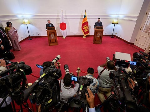 Japan's Foreign Minister Yoshimasa Hayashi (L) and his Sri Lankan counterpart Ali Sabry (R) attend a joint press conference in Colombo on July 29, 2023. (Photo by Ishara S. KODIKARA / AFP)