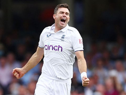 England's James Anderson celebrates after taking the wicket of Australia's Mitchell Marsh on day two of the fifth Ashes Test at The Oval cricket ground in London on July 28, 2023.