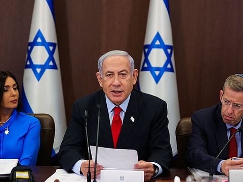 Israel's Prime Minister Benjamin Netanyahu speaks during the weekly cabinet meeting in the prime minister's office in Jerusalem on July 30, 2023.