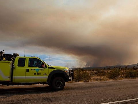 A fire truck heading towards the York Fire in the Mojave National Preserve, California.