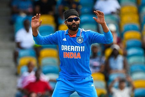 Ravindra Jadeja of India celebrates the dismissal of Romario Shepherd of West Indies during during the first ODI at Kensington Oval in Bridgetown on July 27.