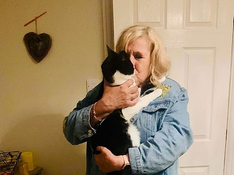 Moss hugs Zebby after he was announced as a finalist in the National Cat of the Year contest.