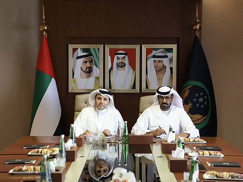 Omar Hamad Bushahab (left), Executive Director, Mohammed bin Rashid Housing Establishment and Brigadier Rashed Thani Al Matrooshi, Director-General, Dubai Civil Defence General Directorate, signing the agreement