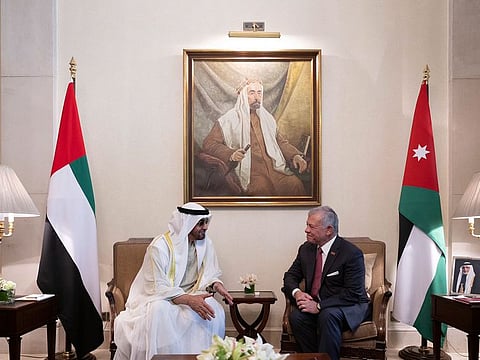 President His Highness Sheikh Mohamed bin Zayed Al Nahyan during meeting with His Majesty King Abdullah II bin Al Hussein of Jordan in Amman on Wednesday