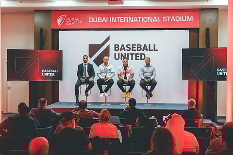 From left: Kash Shaikh with Baseball United co-owners Nick Swisher, Felix Hernandez and Adrian Beltre during the launch of the two new franchises at the Dubai International Stadium on Thursday.