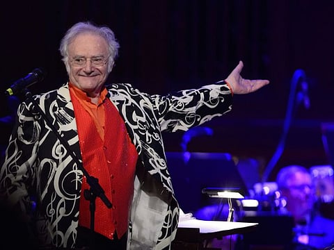 American-born conductor and composer Carl Davis thanks spectators during the Hollywood Night, the last concert of Prague Proms music festival in Prague, Czech Republic, on July 19, 2015.