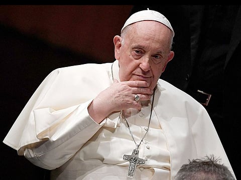 Pope Francis is pictured during his a meeting with authorities, civil society, and the diplomatic corps at the Belem district's cultural centre in Lisbon, during his five-day visit to attend the World Youth Day (WYD) gathering of young Catholics, on August 2, 2023.