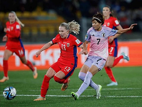 Japan's Hinata Miyazawa scores their third goal during a Round of 16 match between Japan and Norway at Wellington Regional Stadium, Wellington, New Zealand on August 5, 2023