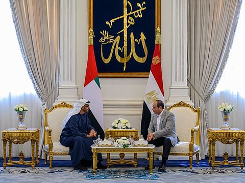 President His Highness Sheikh Mohamed bin Zayed Al Nahyan (left) with Egyptian President Abdel Fattah El-Sisi in El Alamein on Saturday