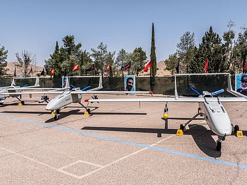 Iranian drones are displayed during the ceremony of joining the IRGC Navy at an undisclosed location in Iran, in this handout image obtained on August 5, 2023.