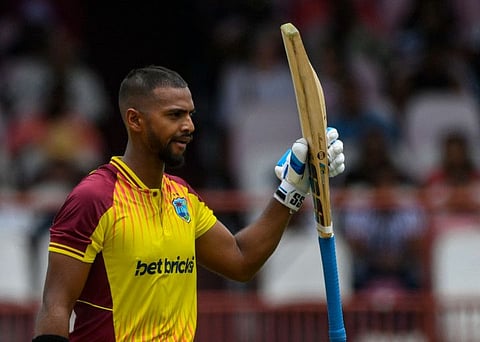Nicholas Pooran of the West Indies celebrates his half century during the 2nd T20I match against India at Guyana National Stadium in Providence, Guyana, on August 6, 2023. s (Photo by Randy Brooks / AFP)