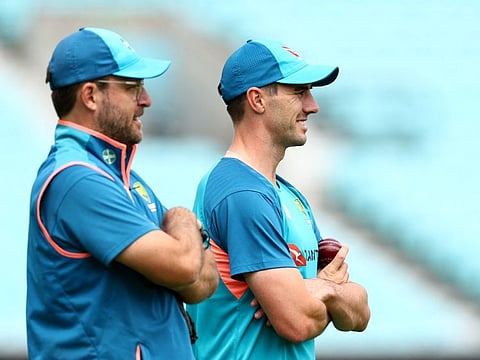 Australia's Pat Cummins and coach Daniel Vettori during a practice session during the fifth Ashes Test at The Oval, London, last month.