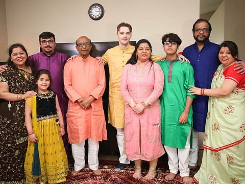 Gopal Kookani (4th from left), 73, with his three daughters and their families.