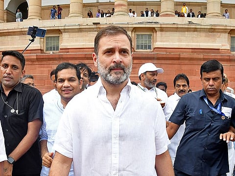 Rahul Gandhi, senior leader of India's principal opposition party, Congress, arrives at the parliament after Supreme Court of India reinstated him as a lawmaker, in New Delhi, India, August 7, 2023