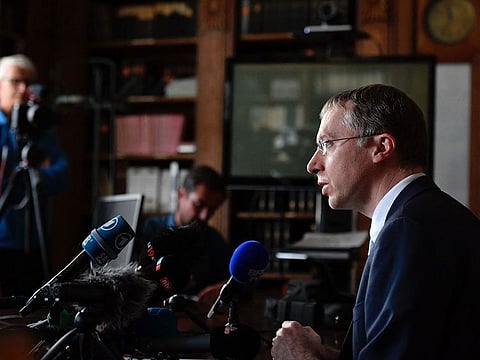 Public prosecutor of Sarreguemines, Olivier Glady (R), addresses media at the courthouse of Sarreguemines.