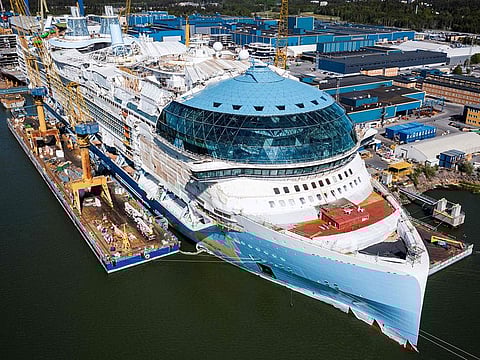 An aerial view taken on May 30, 2023 shows the construction site of the Royal Caribbean's new ship 'Icon of the Seas' at the Turku shipyard in Finland's southwest coast.
