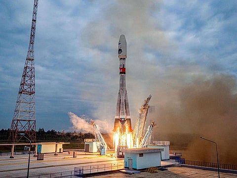 In this handout picture taken and released by the Russian Space Agency Roscosmos on August 11, 2023, a Soyuz 2.1b rocket with the Luna-25 lander blasts off from the launch pad at the Vostochny cosmodrome, some 180 km north of Blagoveschensk, in the Amur region