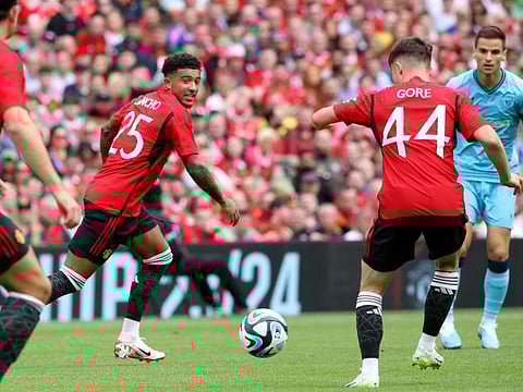 Manchester United's English striker Jadon Sancho (centre) makes a run during the pre-season friendly match against Athletic Club Bilbao at the Aviva Stadium, in Dublin, on August 6.