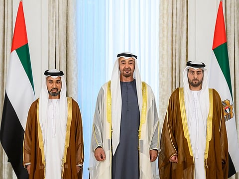 President His Highness Sheikh Mohamed bin Zayed Al Nahyan with Sheikh Zayed bin Khalifa bin Sultan Al Nahyan (right), UAE Ambassador to Qatar, and Salem Ibrahim Al Naqbi, UAE Ambassador to Kenya (left)