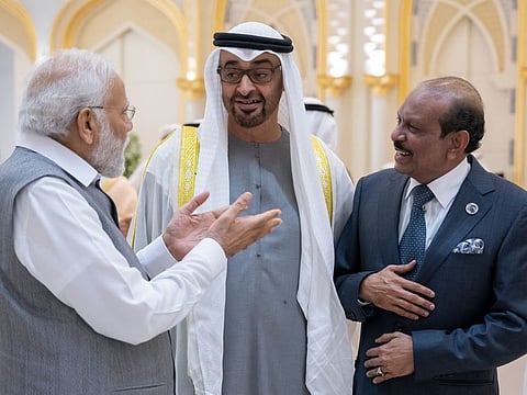 His Highness Shaikh Mohammad Bin Zayed Al Nahyan, President of the UAE, with Narendra Modi, Prime Minister of India, and Yusuff Ali MA, Chairman of Lulu Group, during the official reception of the Prime Minister at Qasr Al Watan in Abu Dhabi