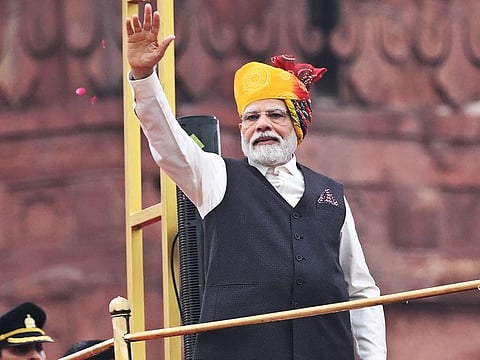 India's Prime Minister Narendra Modi gestures before addressing the nation from the ramparts of the Red Fort during the celebrations to mark country's Independence Day in New Delhi on August 15, 2023