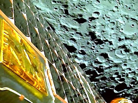 A view of the moon as viewed by the Chandrayaan-3 lander during Lunar Orbit Insertion.