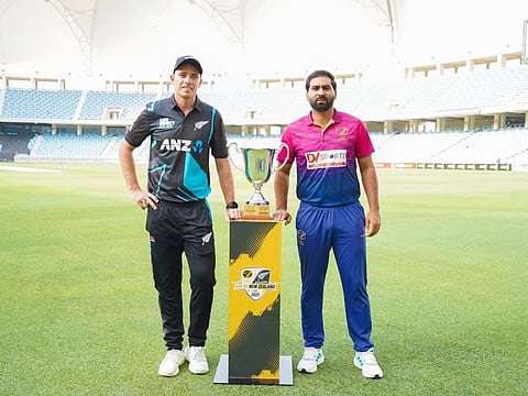 New Zealand and UAE captains during the trophy unveiling ceremony at the Dubai International Stadium on Wednesday.