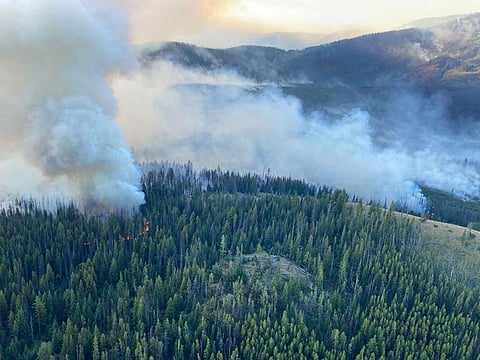 Smoke rises from the Crater Creek (K52125) wildfire near Keremeos, British Columbia, Canada August 15, 2023.