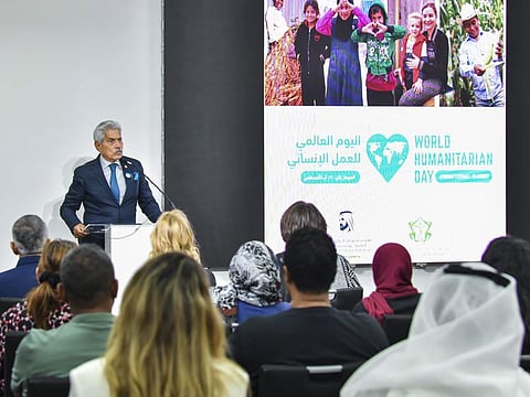 Giuseppe Saba, CEO of IHC, speaking at an event held at Dubai’s International Humanitarian City (IHC) on Friday to observe World Humanitarian Day 2023.